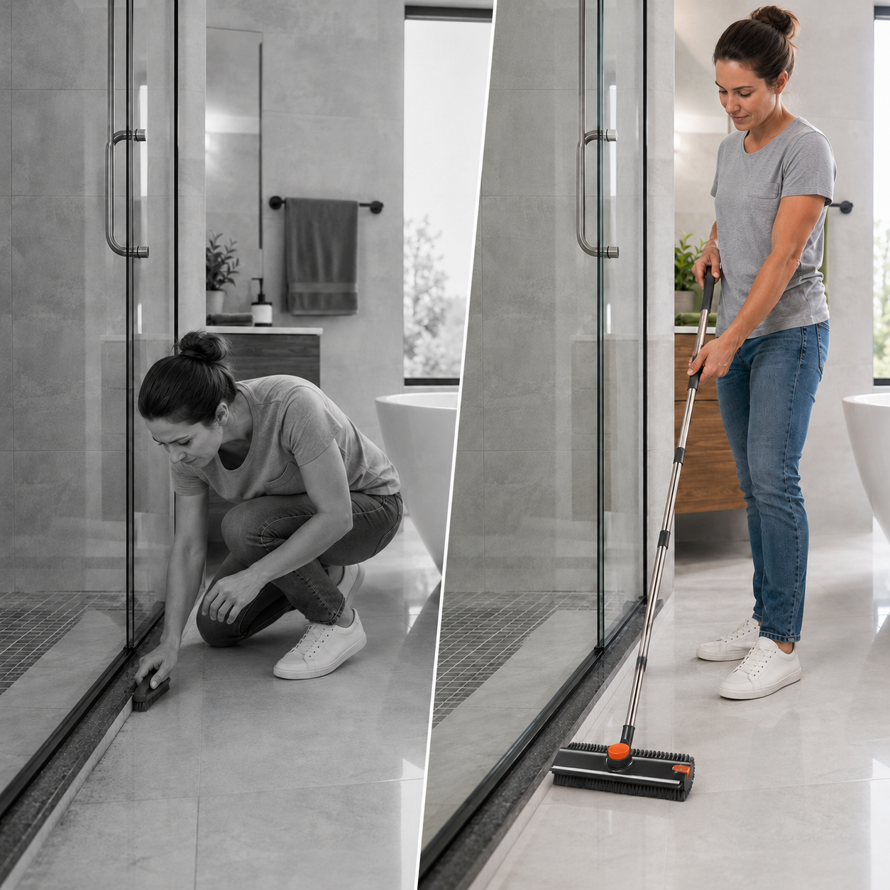 Cleaning a tile floor standing up with a long handle brush instead of kneeling