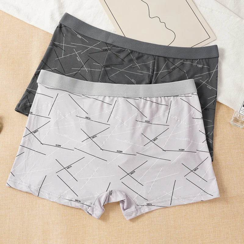 3PCS Men's Simple Line Printed Mid Waist Boxer Briefs Seamless Comfortable Skin Friendly Underwear Fashion Breathable Trunks