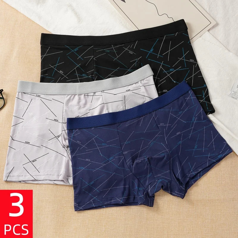 3PCS Men's Simple Line Printed Mid Waist Boxer Briefs Seamless Comfortable Skin Friendly Underwear Fashion Breathable Trunks