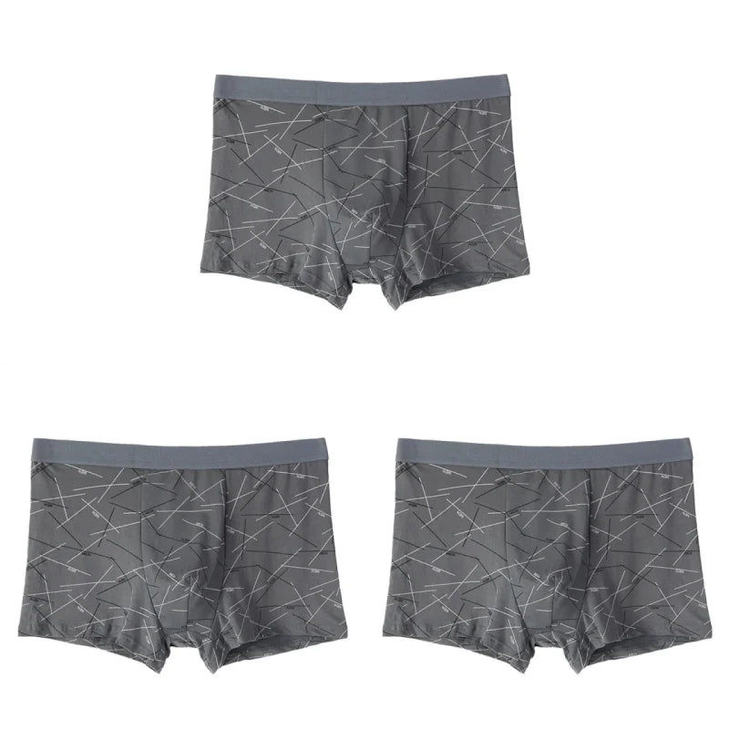 3PCS Men's Simple Line Printed Mid Waist Boxer Briefs Seamless Comfortable Skin Friendly Underwear Fashion Breathable Trunks