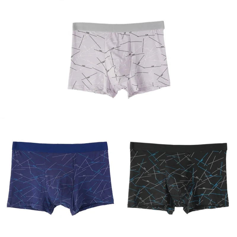 3PCS Men's Simple Line Printed Mid Waist Boxer Briefs Seamless Comfortable Skin Friendly Underwear Fashion Breathable Trunks