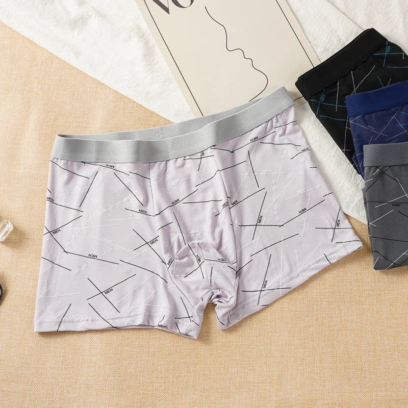 3PCS Men's Simple Line Printed Mid Waist Boxer Briefs Seamless Comfortable Skin Friendly Underwear Fashion Breathable Trunks