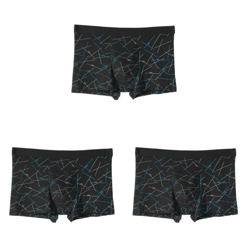 3PCS Men's Simple Line Printed Mid Waist Boxer Briefs Seamless Comfortable Skin Friendly Underwear Fashion Breathable Trunks