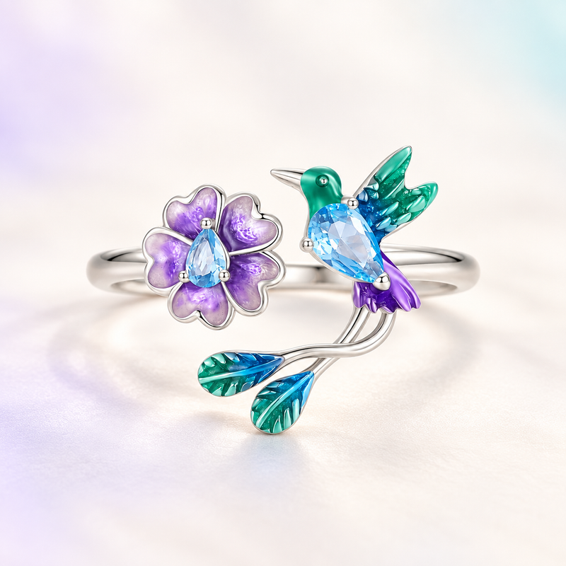 Violet Hummingbird Adjustable Ring