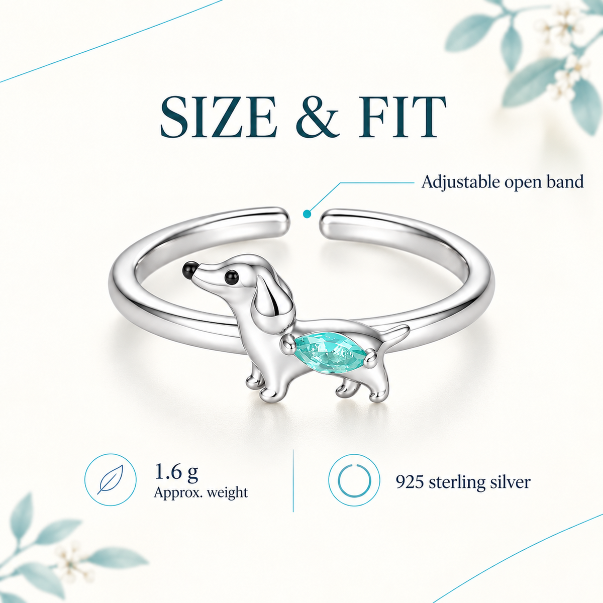 Dachshund ring specifications: adjustable open band, approximate weight 1.6 g, 925 sterling silver