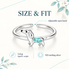 Dachshund ring specifications: adjustable open band, approximate weight 1.6 g, 925 sterling silver