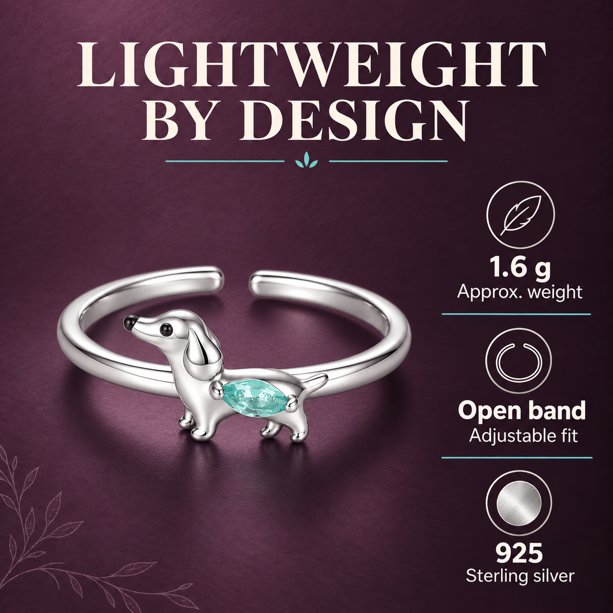 Lightweight dachshund ring in 925 sterling silver with an adjustable open band