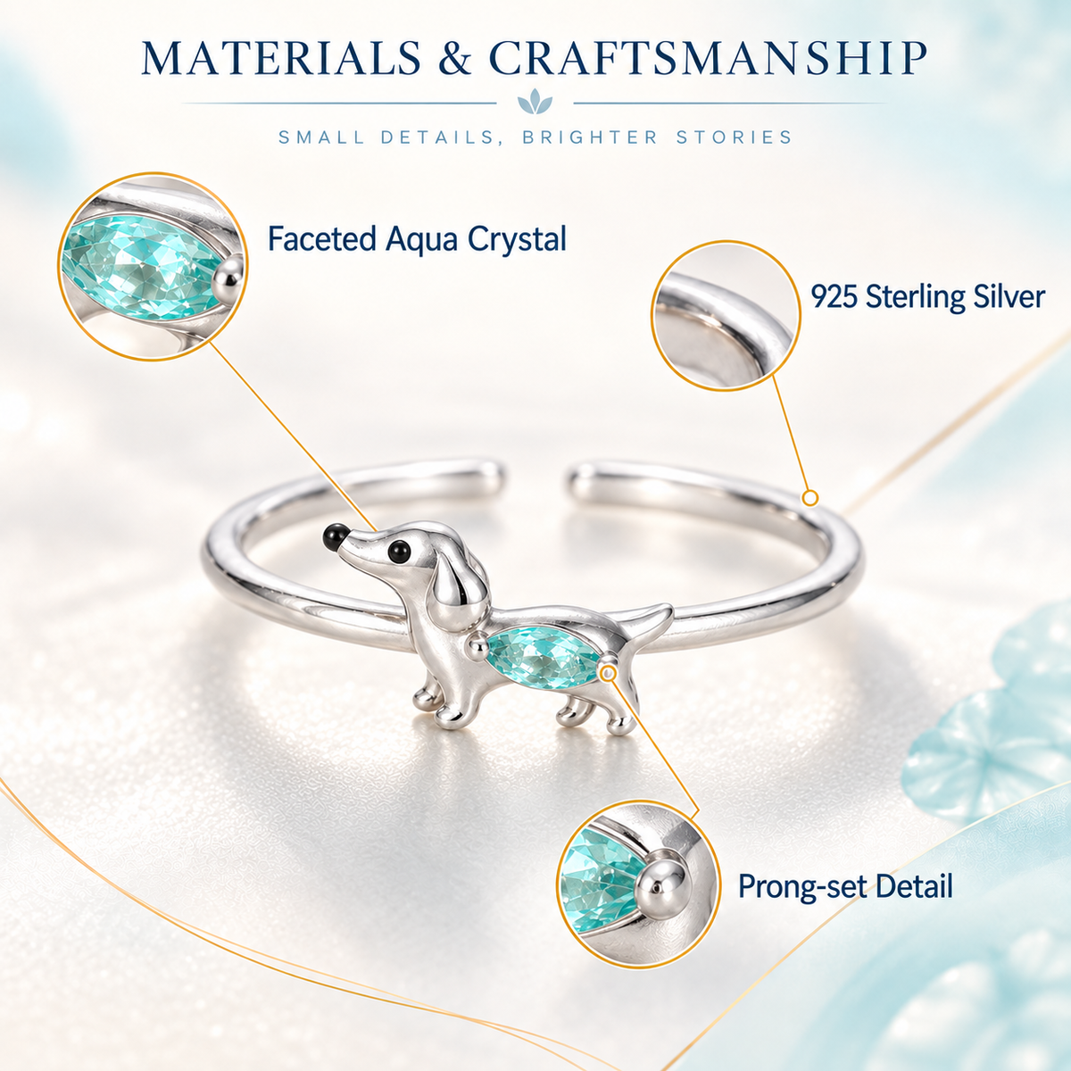 Magnified aqua crystal facets, thin sterling silver band and prong setting on the Dachshund Crystal Adjustable Ring